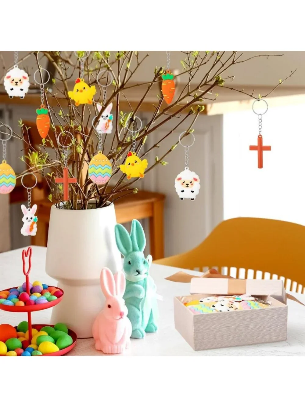 120 Pcs Easter Keychains - Bunny & Carrot Party Favors, Egg Hunt Decor, Key